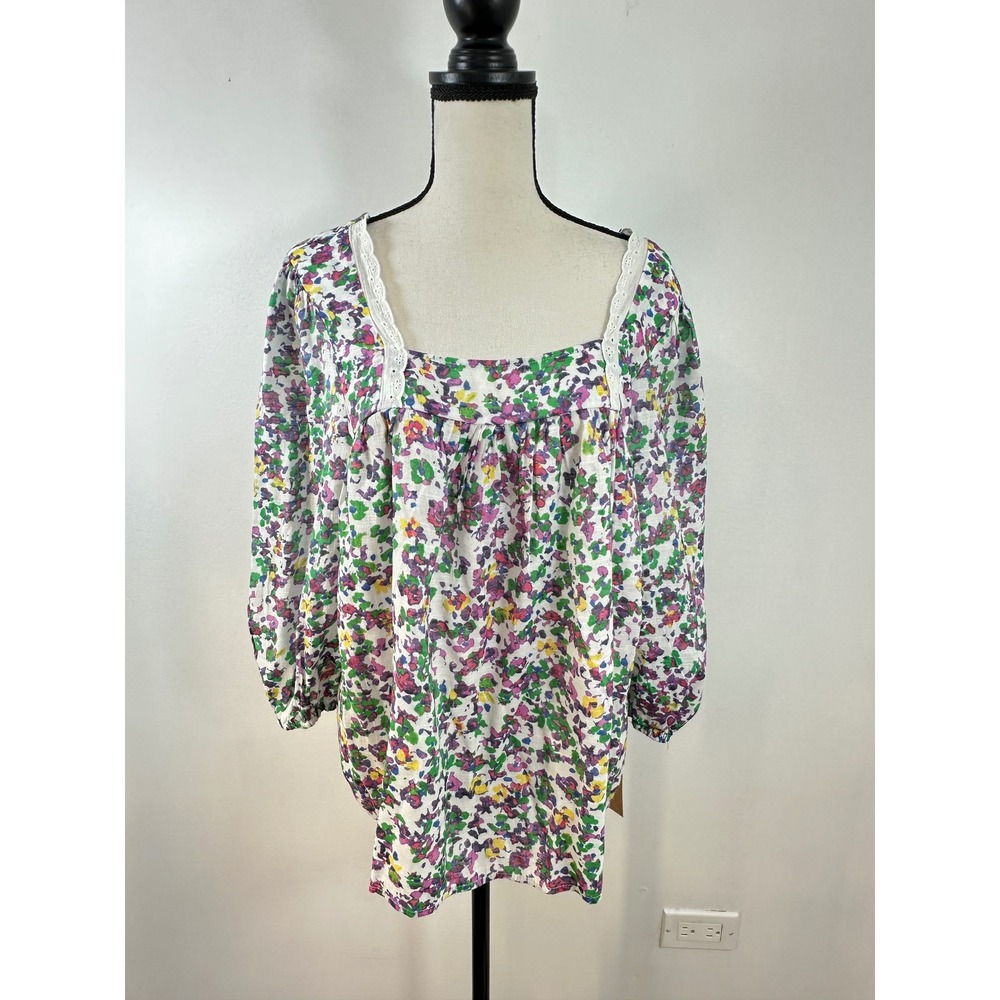 Floral Peasant Top Square Neck 3/4 Sleeve Blouse Cottagecore Size OS